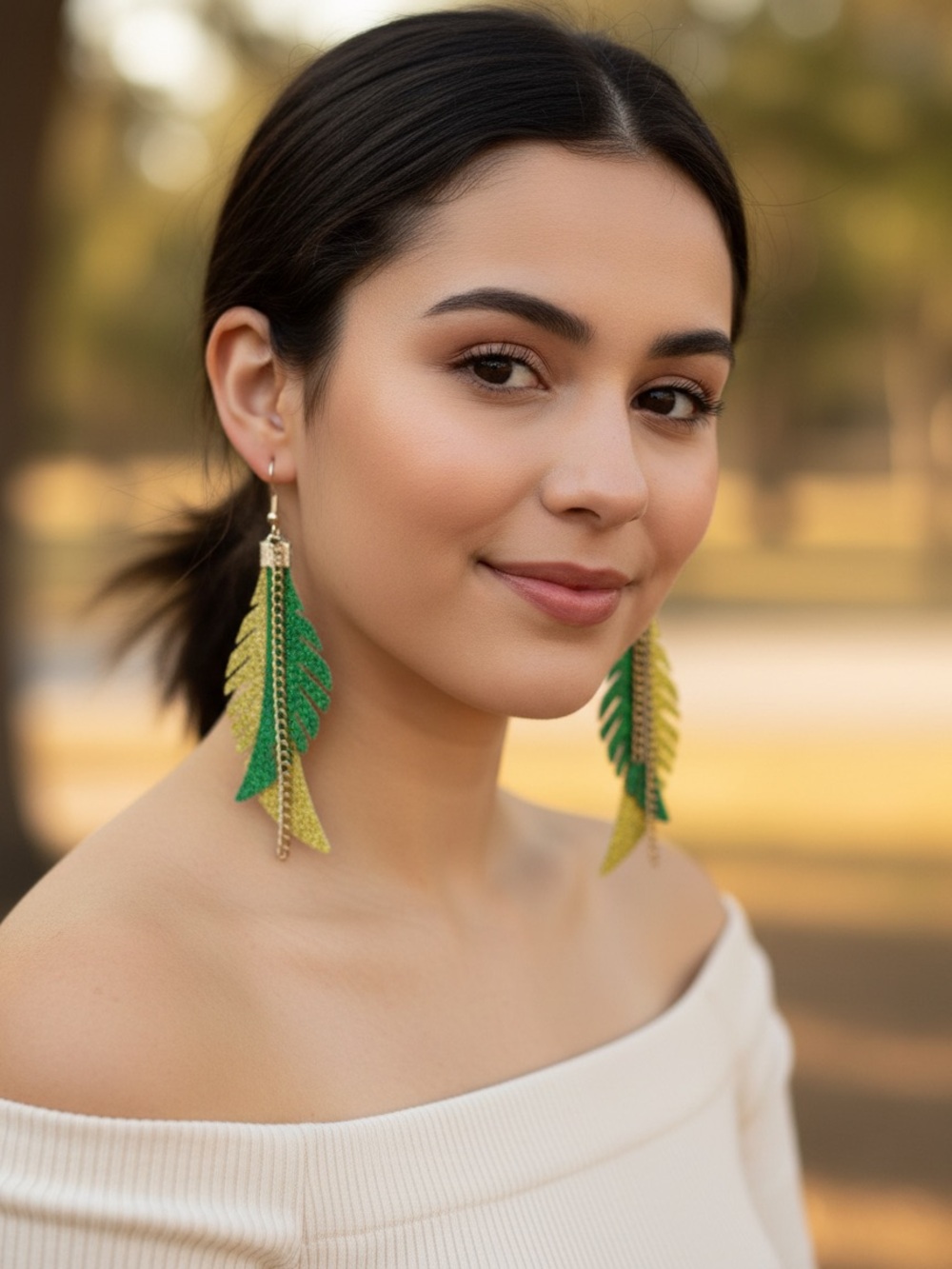 Green and Yellow Leaf Drop Earrings - Lightweight Statement Earrings